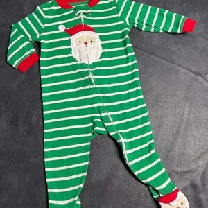 Carters Green and Red Striped Santa Christmas Footed One Piece Sz 9M